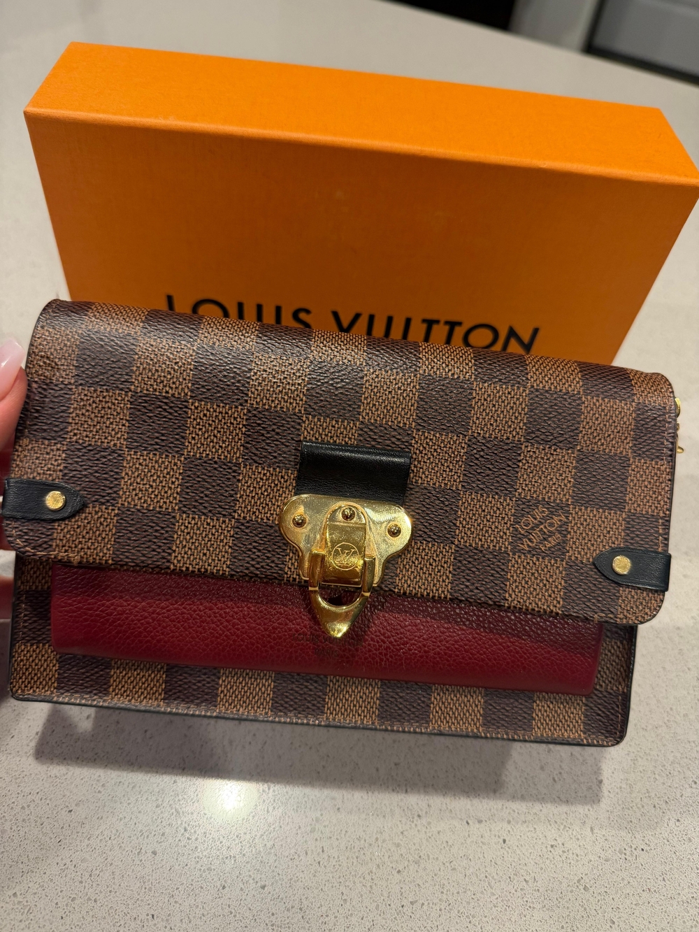 Louis Vuitton Brown Damier Ebene with Burgundy and Black Leather Trim Clutch